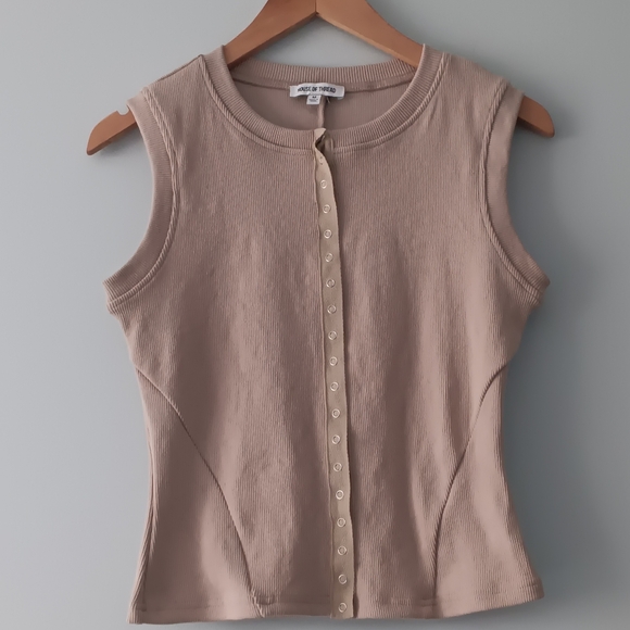 House of Thread Tops - House of Thread Ribbed Snap Button Cotton Tank Top Light Tan Sleeveless M